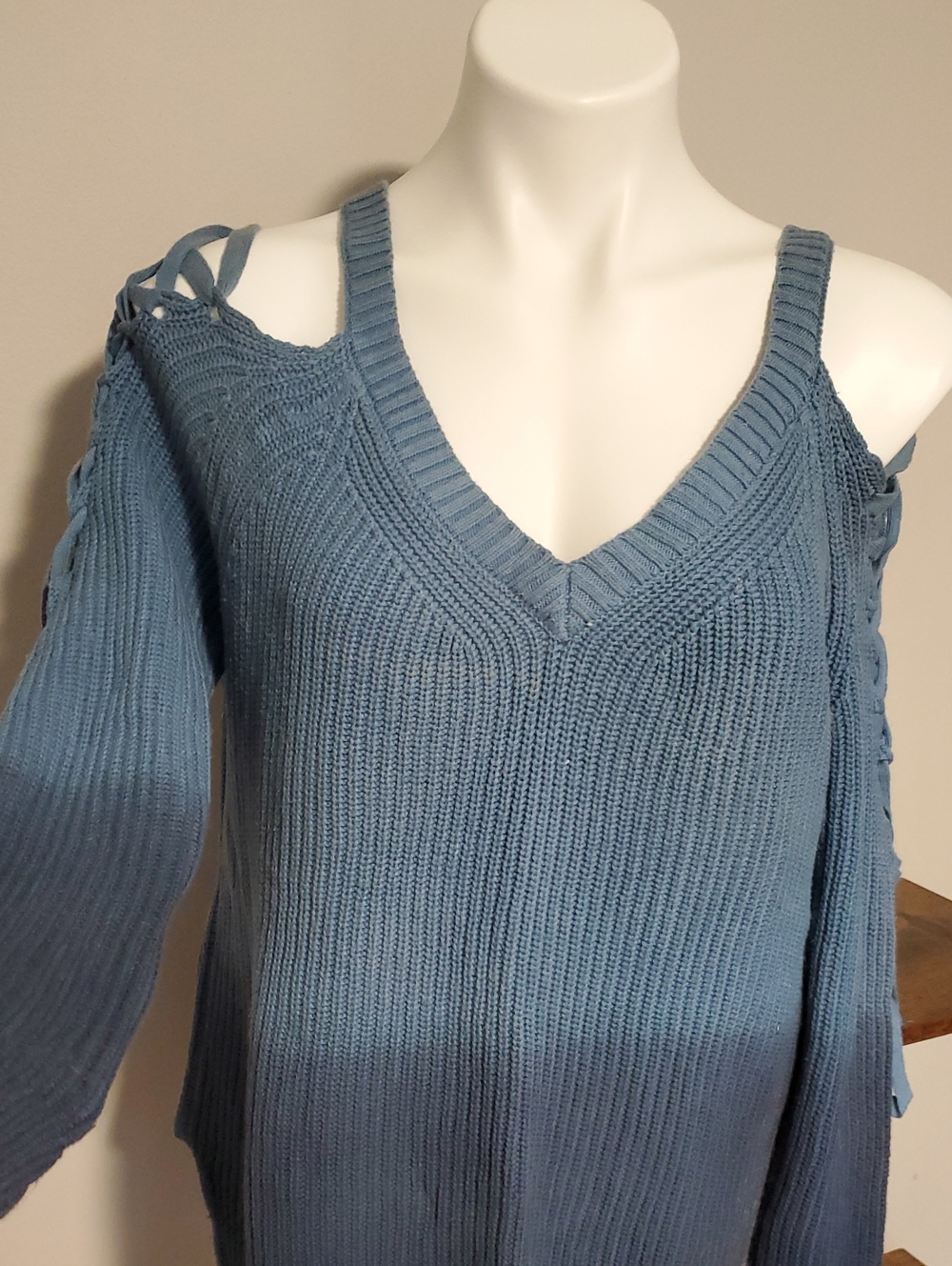 Blue Cold-Shoulder V-Neck Knit Sweater